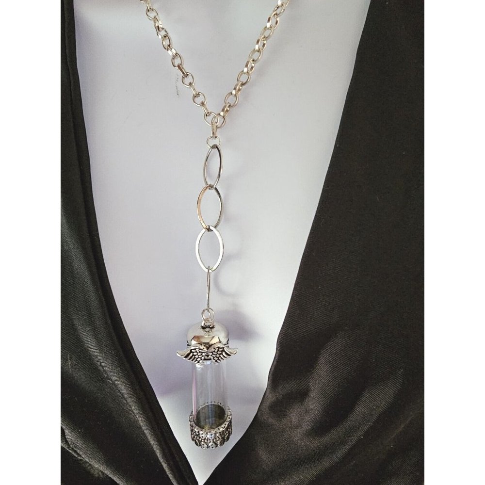 BOTTLE ON CHAIN NECKLACE Silvertone Ornate Glass Tube Wings on Cable Chain